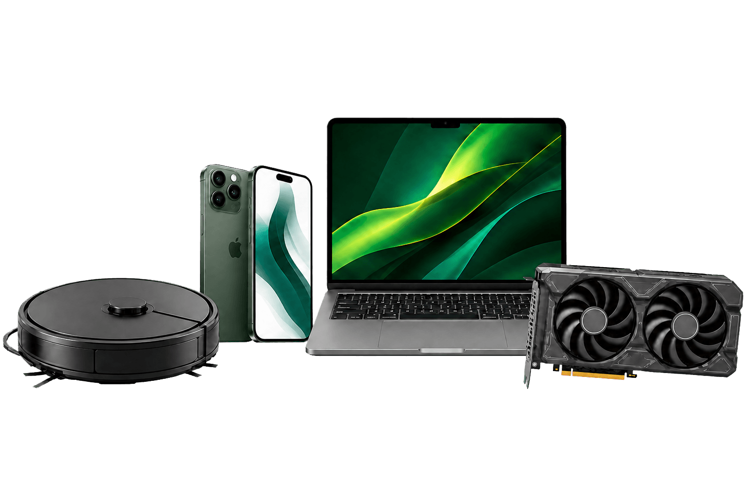 Robot süpürge, telefonlar, laptop ve ekran kartı